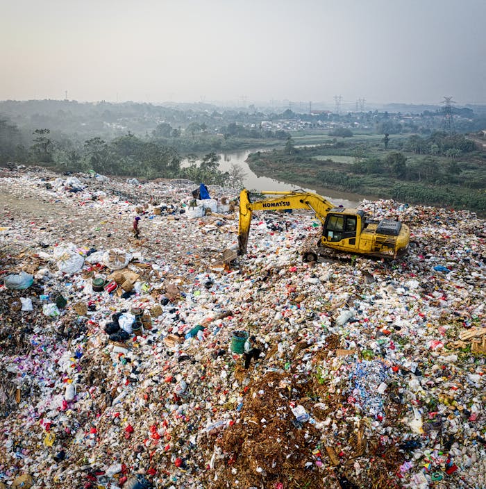 pexels-photo-3174350 Aerial shot of a sprawling landfill in South Tangerang, Indonesia, highlighting waste and pollution challenges.